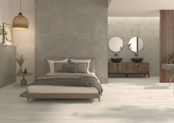 Baño con azulejos efecto piedra, colección Pietra viva de Dune