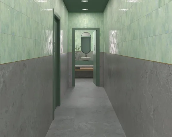 Baño con azulejos efecto piedra en tonos fríos, colección Pietra viva de Dune