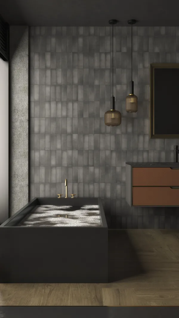 Baño con azulejos efecto piedra en tonos neutros, colección Renania de Dune