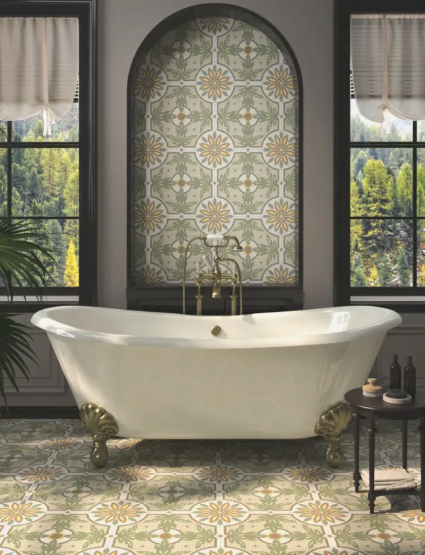 Baño con azulejos efecto piedra, colección Renania de Dune
