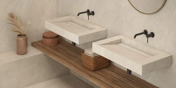 Baño con azulejos efecto piedra en tonos cálidos, colección Riviere de Roca