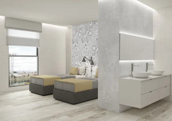 Baño con azulejos efecto piedra en tonos neutros, colección Soapstone de TAU ceràmica