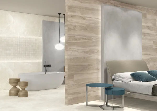 Baño con azulejos efecto piedra en tonos cálidos, colección Soapstone de TAU ceràmica