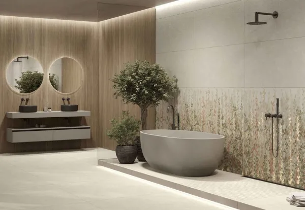 Baño con azulejos efecto piedra en tonos cálidos, colección Sunset de Durstone