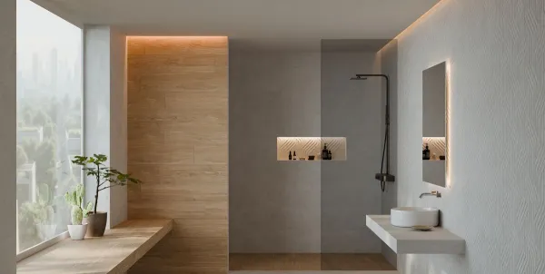 Baño con azulejos efecto piedra en tonos neutros, colección Taran de Metropol