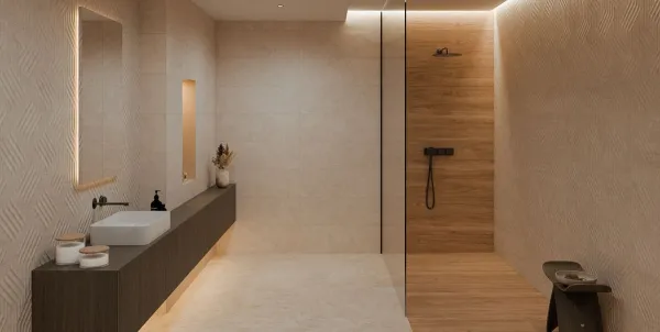 Baño con azulejos efecto piedra en tonos cálidos, colección Taran de Metropol