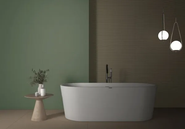 Baño con azulejos efecto piedra, colección Tornares teide de TAU ceràmica