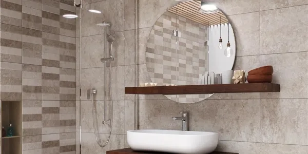 Baño con azulejos efecto piedra en tonos cálidos, colección Valparaiso de Alaplana