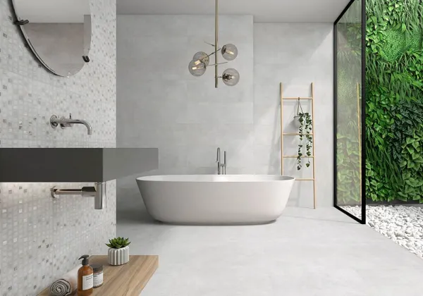 Baño con azulejos efecto piedra en tonos neutros, colección Vision de Proconcept