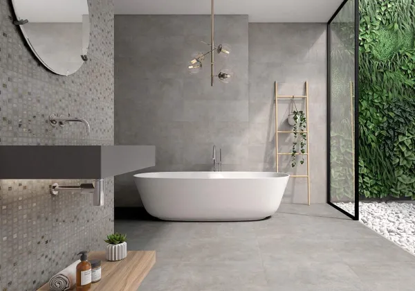 Baño con azulejos efecto piedra en tonos neutros, colección Vision de Proconcept