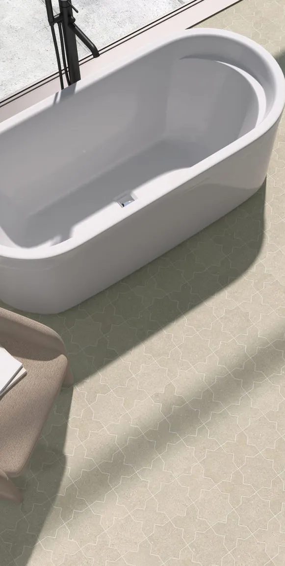 Baño con azulejos efecto terrazo, colección Terrazo de Mayolica