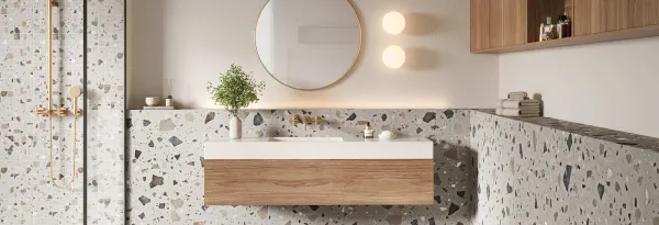 Baño con azulejos efecto terrazo, colección Terrazo de Mayolica