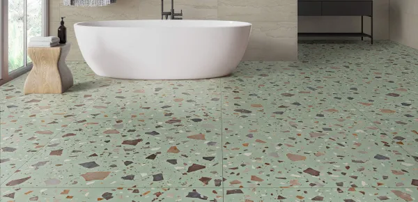 Baño con azulejos efecto terrazo, colección Terrazo de Mayolica