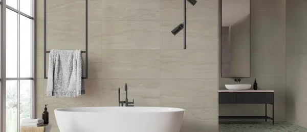 Baño con azulejos efecto terrazo, colección Terrazo de Mayolica