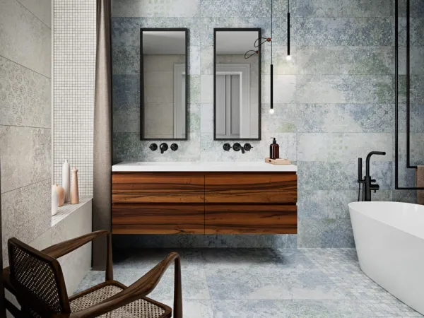 Baño con azulejos efecto textil en tonos fríos, colección Bohemian de Aparici