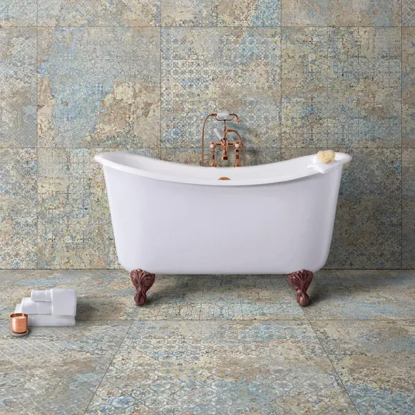 Baño con azulejos efecto textil en tonos fríos, colección Carpet de Aparici