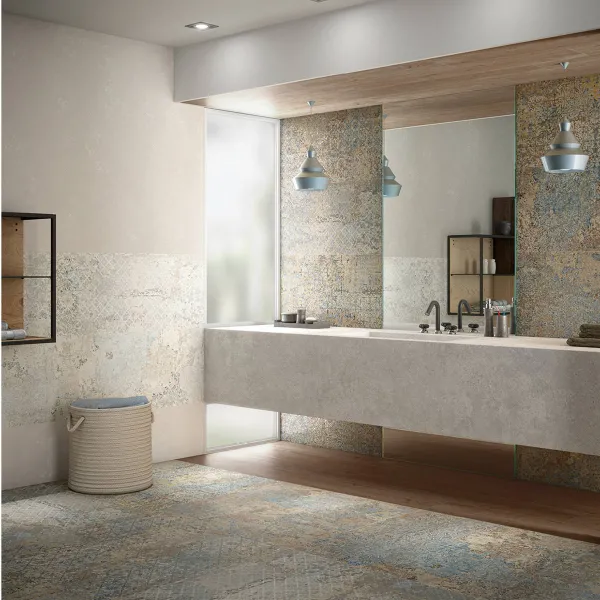 Baño con azulejos efecto textil, colección Carpet de Aparici