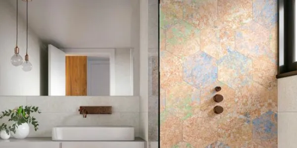 Baño con azulejos efecto textil en tonos cálidos, colección Emotion de Apavisa