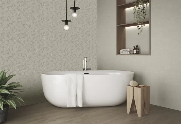 Baño con azulejos efecto textil, colección Kenzo - kyo de Argenta