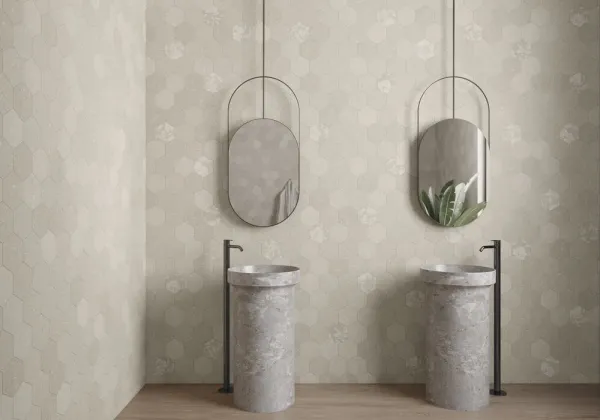 Baño con azulejos efecto textil, colección Kenzo - kyo de Argenta
