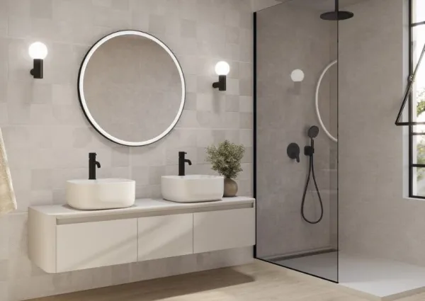 Baño con azulejos efecto textil en tonos neutros, colección Trames de Argenta