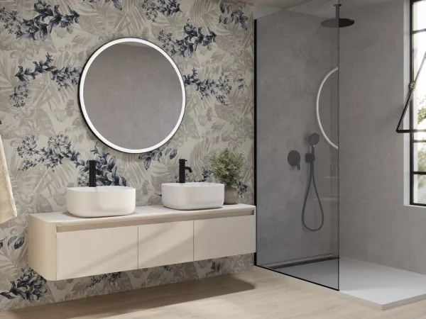 Baño con azulejos efecto textil en tonos neutros, colección Trames de Argenta