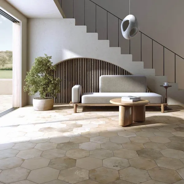 Espacio de la casa con azulejos efecto barro en tonos cálidos, colección Zero de Vives