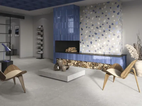 Espacio de la casa con azulejos efecto cemento, colección Ama de Ape