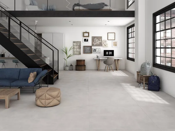 Espacio de la casa con azulejos efecto cemento en tonos neutros, colección Baltimore de Ecoceramic