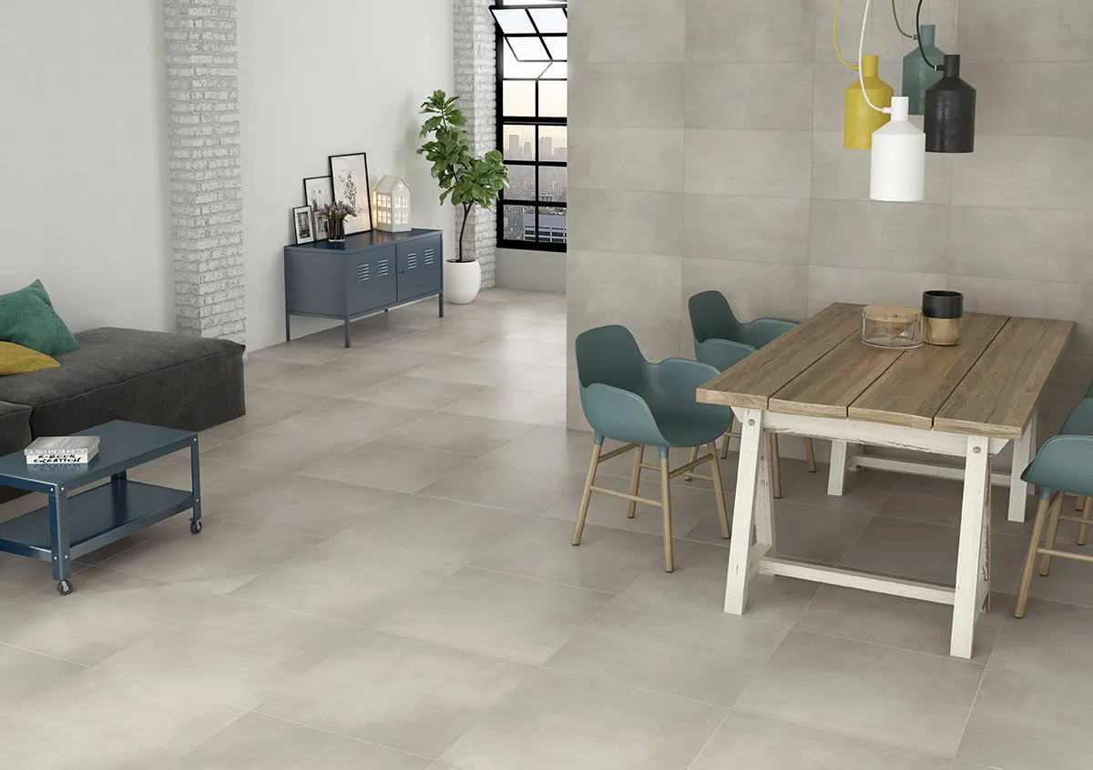 Espacio de la casa con azulejos efecto cemento en tonos neutros, colección Baltimore de Ecoceramic