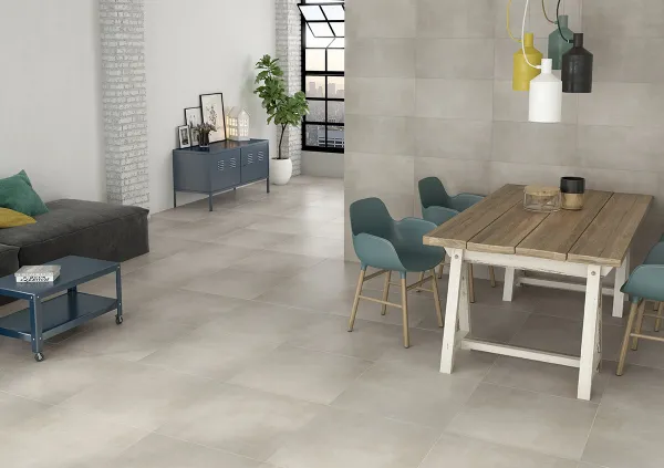 Espacio de la casa con azulejos efecto cemento en tonos neutros, colección Baltimore de Ecoceramic