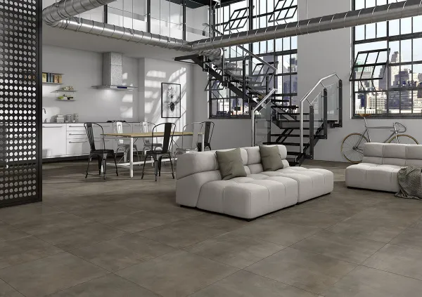 Espacio de la casa con azulejos efecto cemento en tonos neutros, colección Baltimore de Ecoceramic