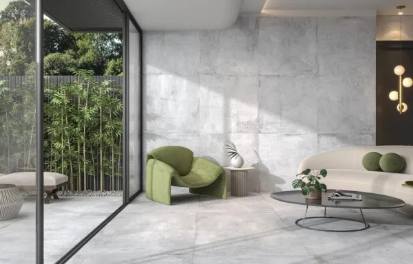 Espacio de la casa con azulejos efecto cemento en tonos neutros, colección Boulevard de Ibero Casa Infinita