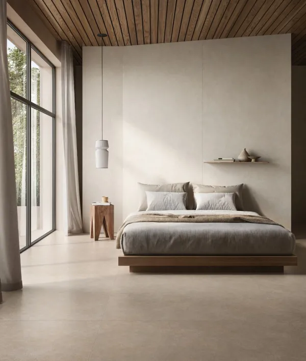 Espacio de la casa con azulejos efecto cemento en tonos cálidos, colección Cement vibes de Ceramiche Piemme