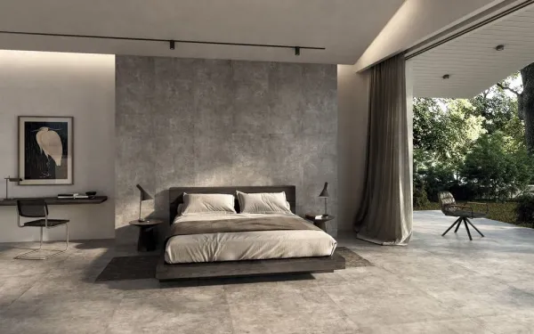 Espacio de la casa con azulejos efecto cemento en tonos neutros, colección Charme de Peronda