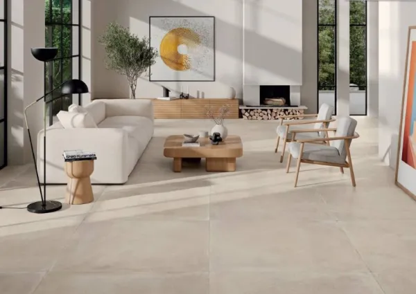 Espacio de la casa con azulejos efecto cemento en tonos cálidos, colección Clays de Alaplana