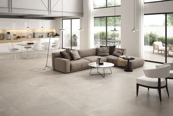 Espacio de la casa con azulejos efecto cemento en tonos neutros, colección Clunia de Durstone
