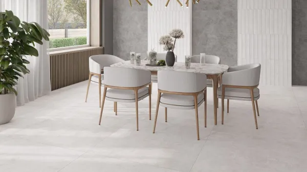Espacio de la casa con azulejos efecto cemento en tonos neutros, colección Concrete de New Tiles