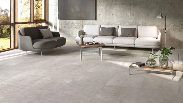 Espacio de la casa con azulejos efecto cemento en tonos neutros, colección Concrete de New Tiles