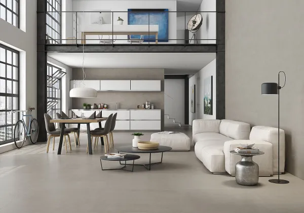 Espacio de la casa con azulejos efecto cemento en tonos neutros, colección Core de Argenta