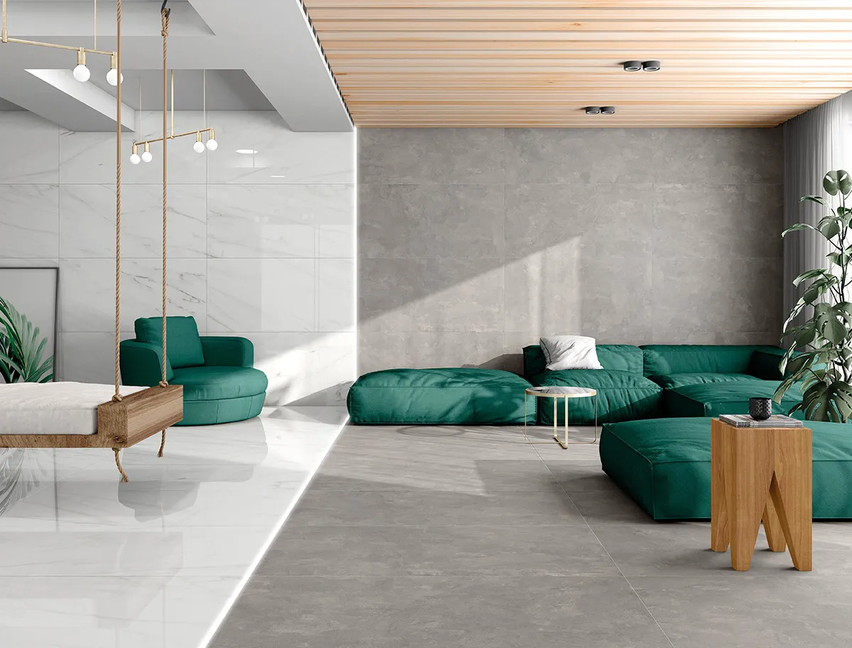 Espacio de la casa con azulejos efecto cemento en tonos neutros, colección Cosmopolita de TAU ceràmica