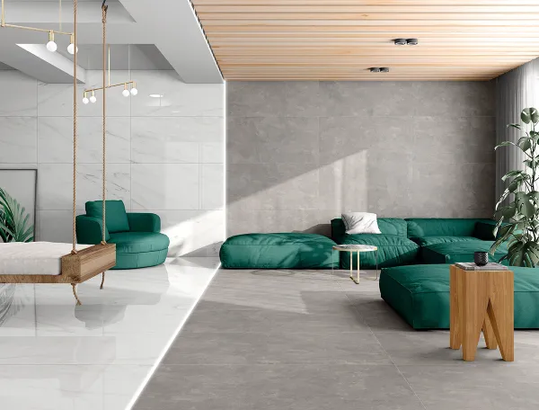 Espacio de la casa con azulejos efecto cemento en tonos neutros, colección Cosmopolita de TAU ceràmica