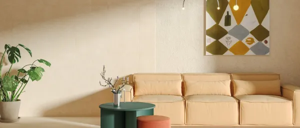 Espacio de la casa con azulejos efecto cemento en tonos cálidos, colección Croma de Harmony