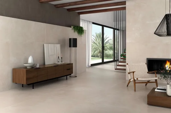 Espacio de la casa con azulejos efecto cemento en tonos cálidos, colección Elementi de STN