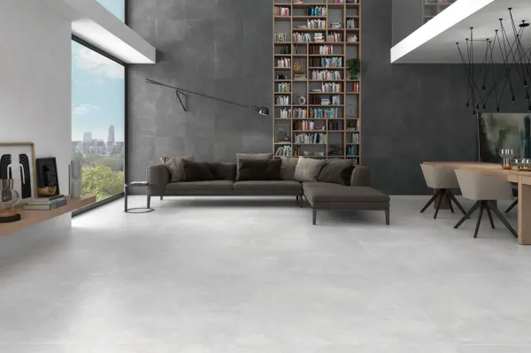 Espacio de la casa con azulejos efecto cemento en tonos neutros, colección Elementi de STN