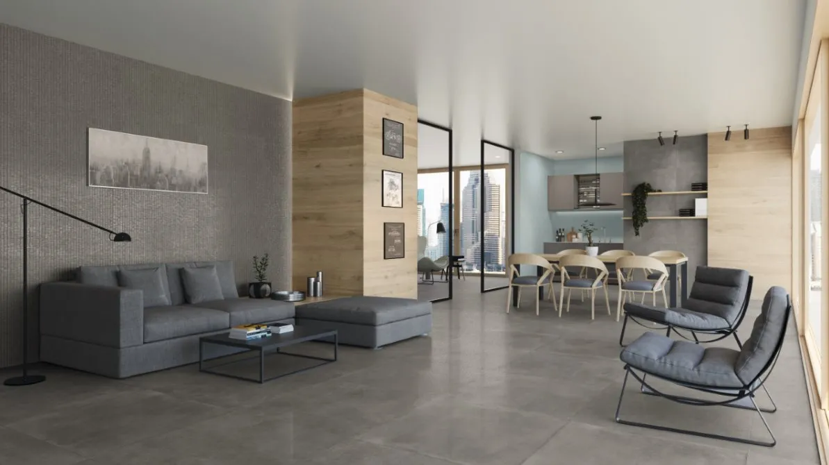 Espacio de la casa con azulejos efecto cemento en tonos neutros, colección Evo de Fanal