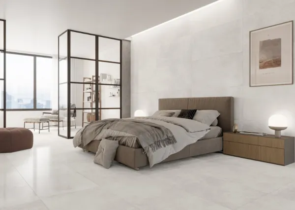 Espacio de la casa con azulejos efecto cemento en tonos neutros, colección Evo de Fanal