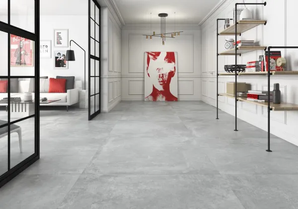 Espacio de la casa con azulejos efecto cemento en tonos neutros, colección Ground de Geotiles
