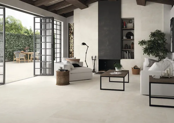 Espacio de la casa con azulejos efecto cemento en tonos neutros, colección Ground de Peronda