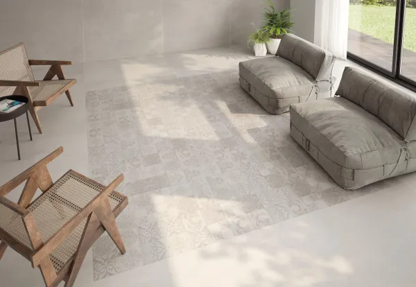 Espacio de la casa con azulejos efecto cemento, colección Lema de TAU ceràmica